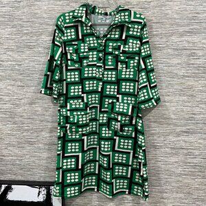 Vintage Vertigo Paris Green Geometric Polka Dot Shirt Dress W/ Pockets & 3/4 Sle